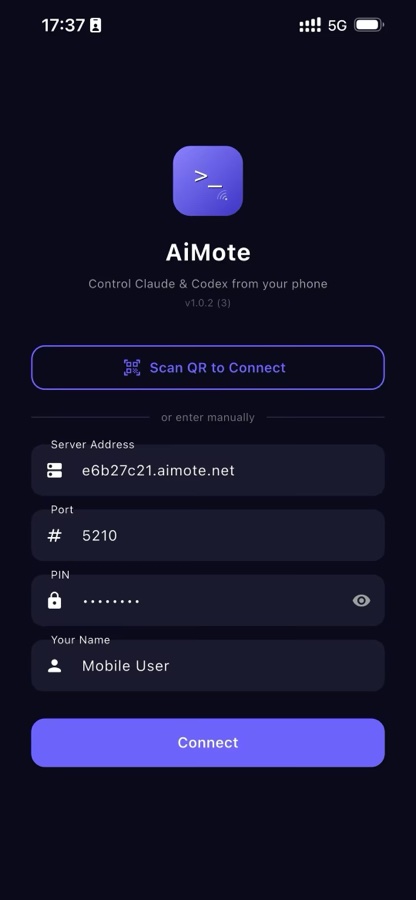 Connect screen — AiMote / 云指
